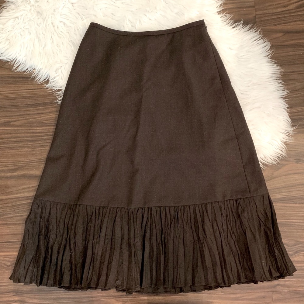 LOFT Mid Calf Length Brown Wool Skirt  Pleated Hem